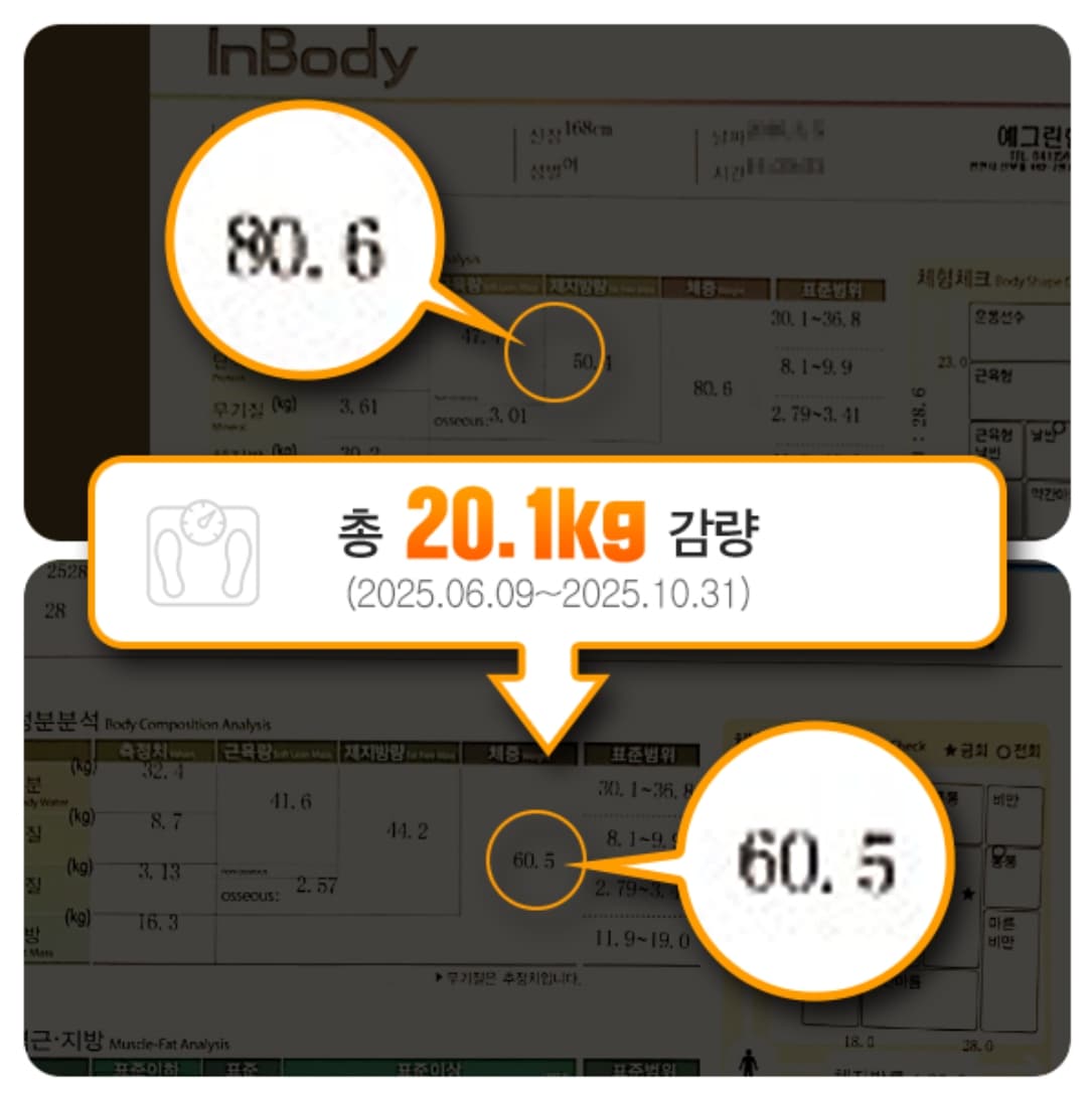 80.6kg에서 60.5kg으로 감량한 실제 체성분 검사 사례